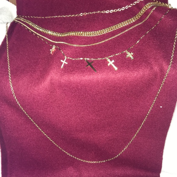 Express gold-tone necklace multi layered with bling crosses - Picture 8 of 9